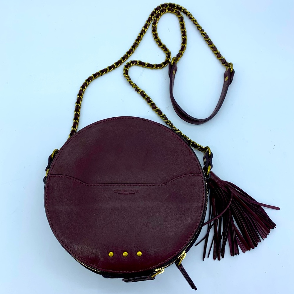 Jerome Dreyfuss dark burgundy leather/cow hair gold chain round crossbody NEW!